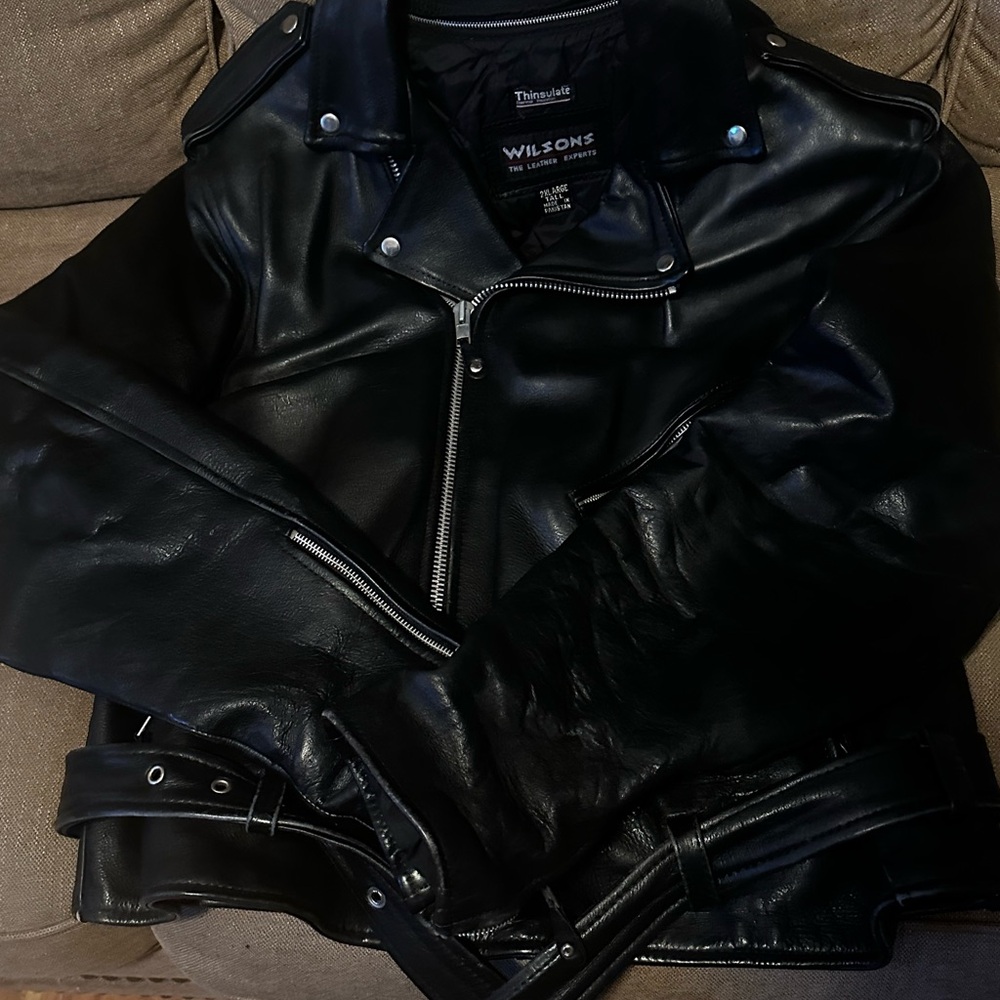 Black Leather Hooded Jacket - Picture 2 of 3